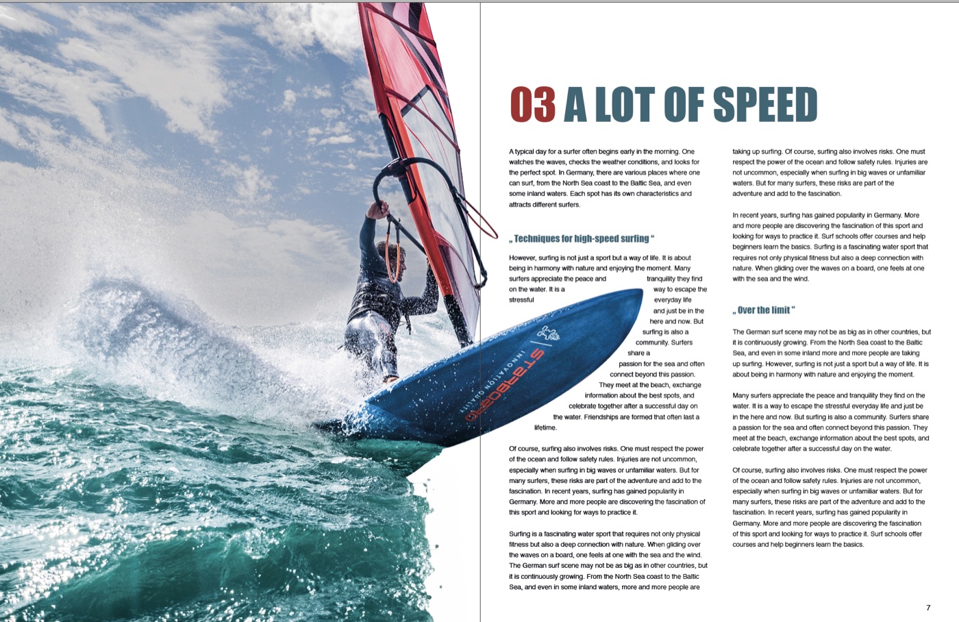 Innenspread des Surf-Magazins „Breakzone“, Windsurfer im Wellental