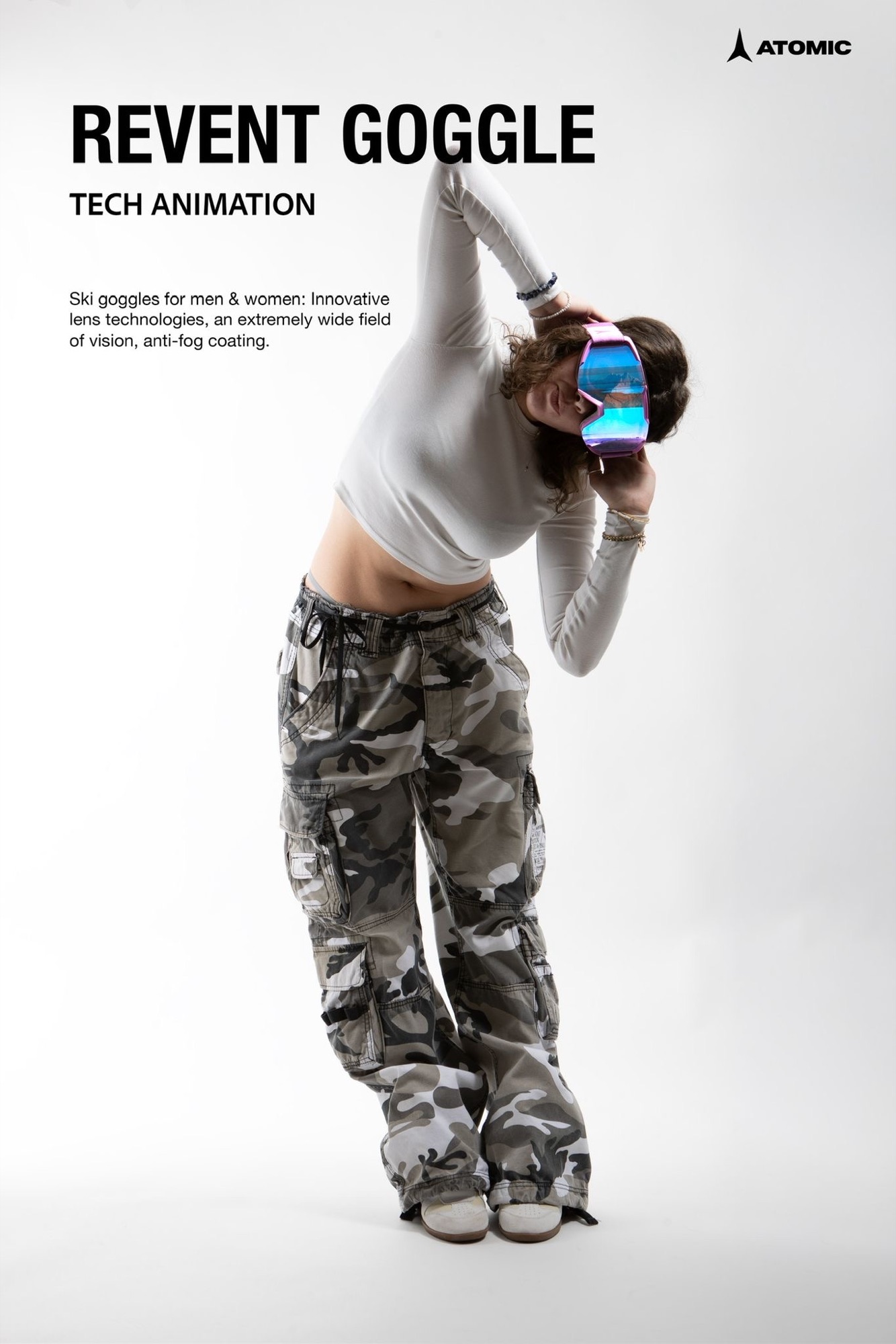 Werbe-Sujet Atomic Revent Goggle, Model im Dehnsprung