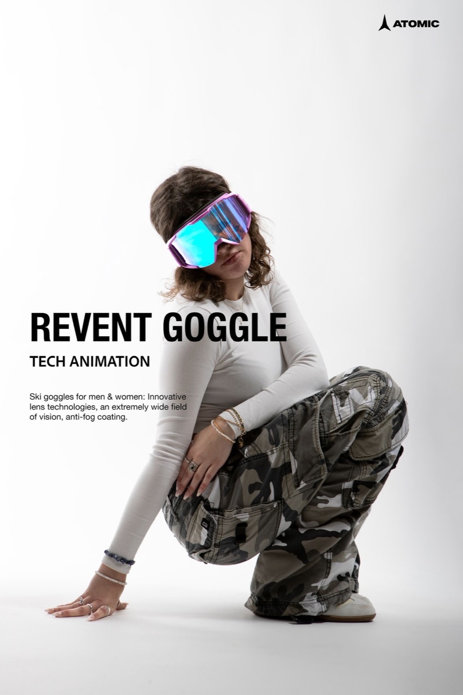 Werbe-Sujet Atomic Revent Goggle, Model kniend