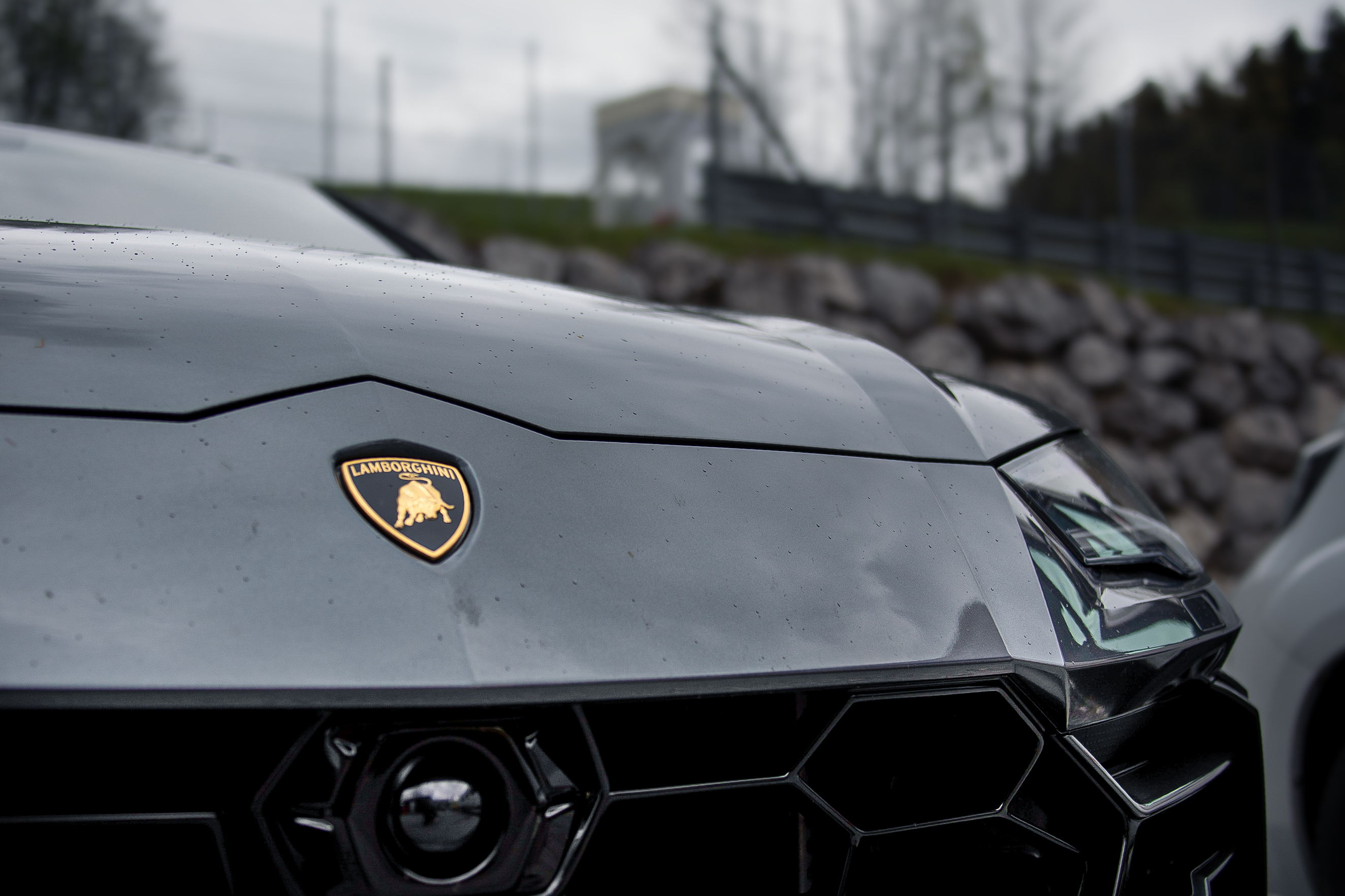 Lamborghini Kühlerhauben-Detail mit Logo im Regen